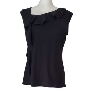 White House Black Market Black Assymetrical Ruffled Neck Cap Sleeve Top Size M